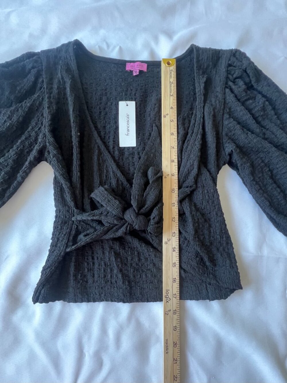 Boho Peasant Francesca's Mi Ami Black Top Size XS 3/4 Sleeve Front Tie NWT - Picture 8 of 15